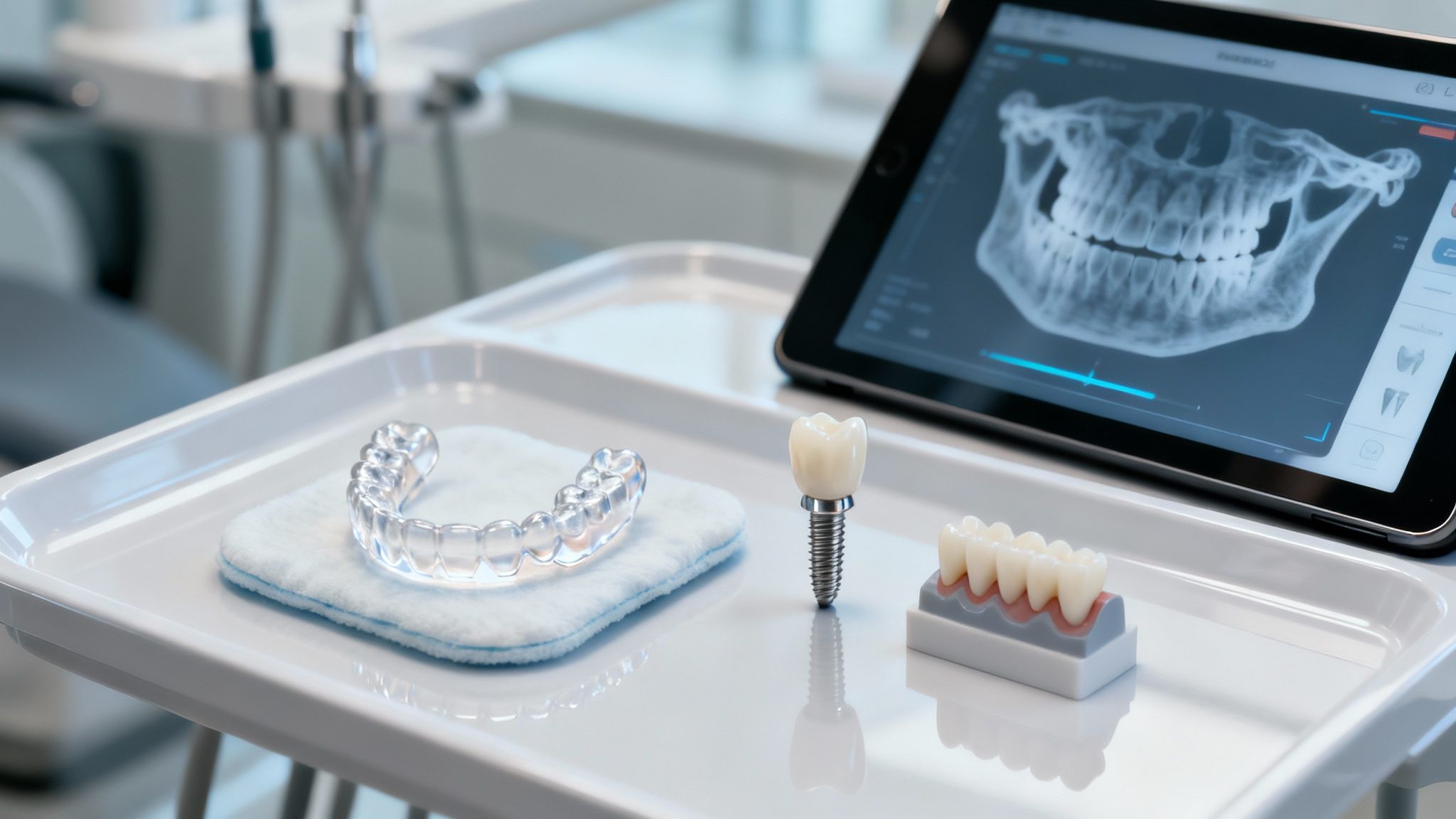 Dental implant model with clear aligners and digital x-ray on tablet in modern dental office