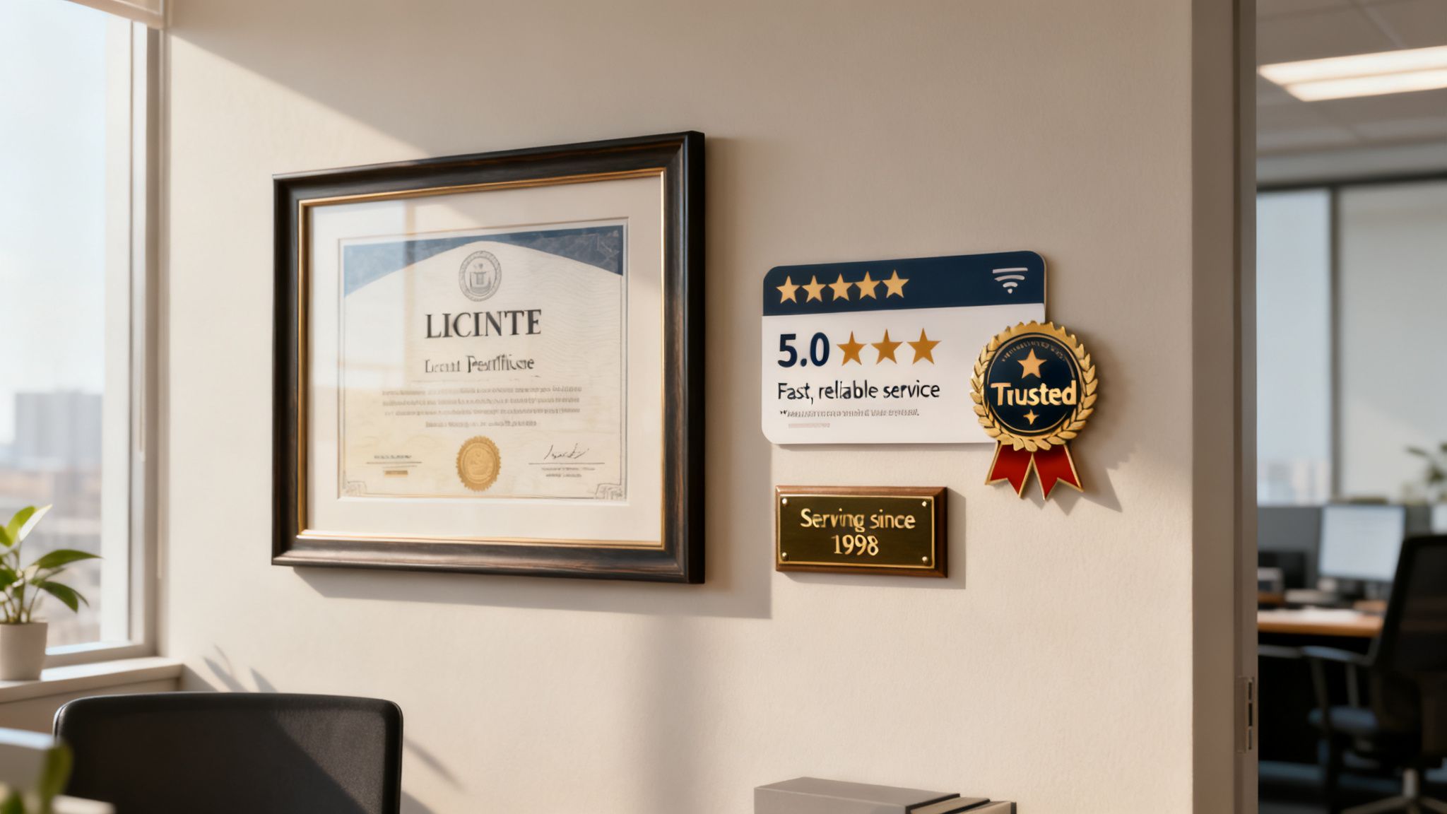 Office wall with framed certificate, 5.0-star service rating, trusted medal, and 'Serving since 1998' plaque.