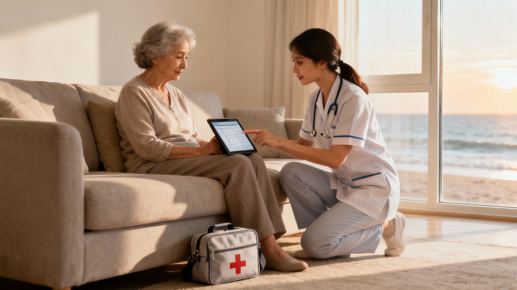 A compassionate clinician provides care to an older adult at home.