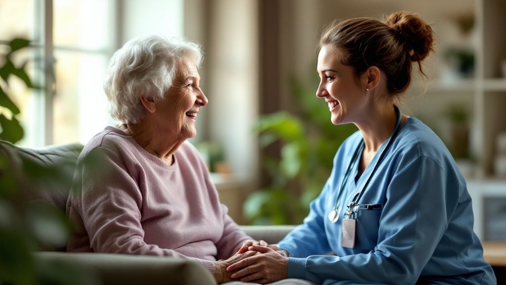A nurse reviews health data on a tablet with a senior patient at home.