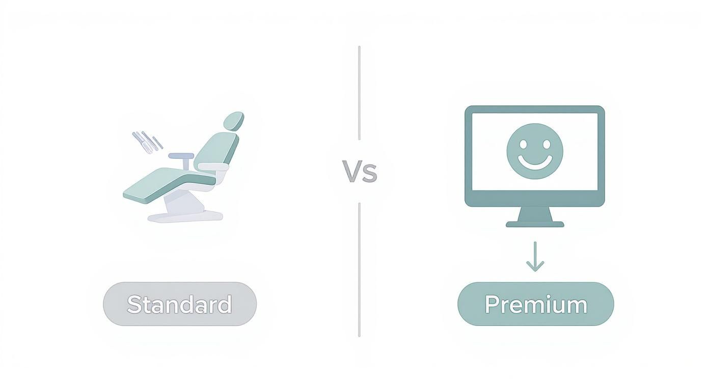 Infographic comparing the process flow of standard versus premium dental care, showing the efficiency of modern technology.