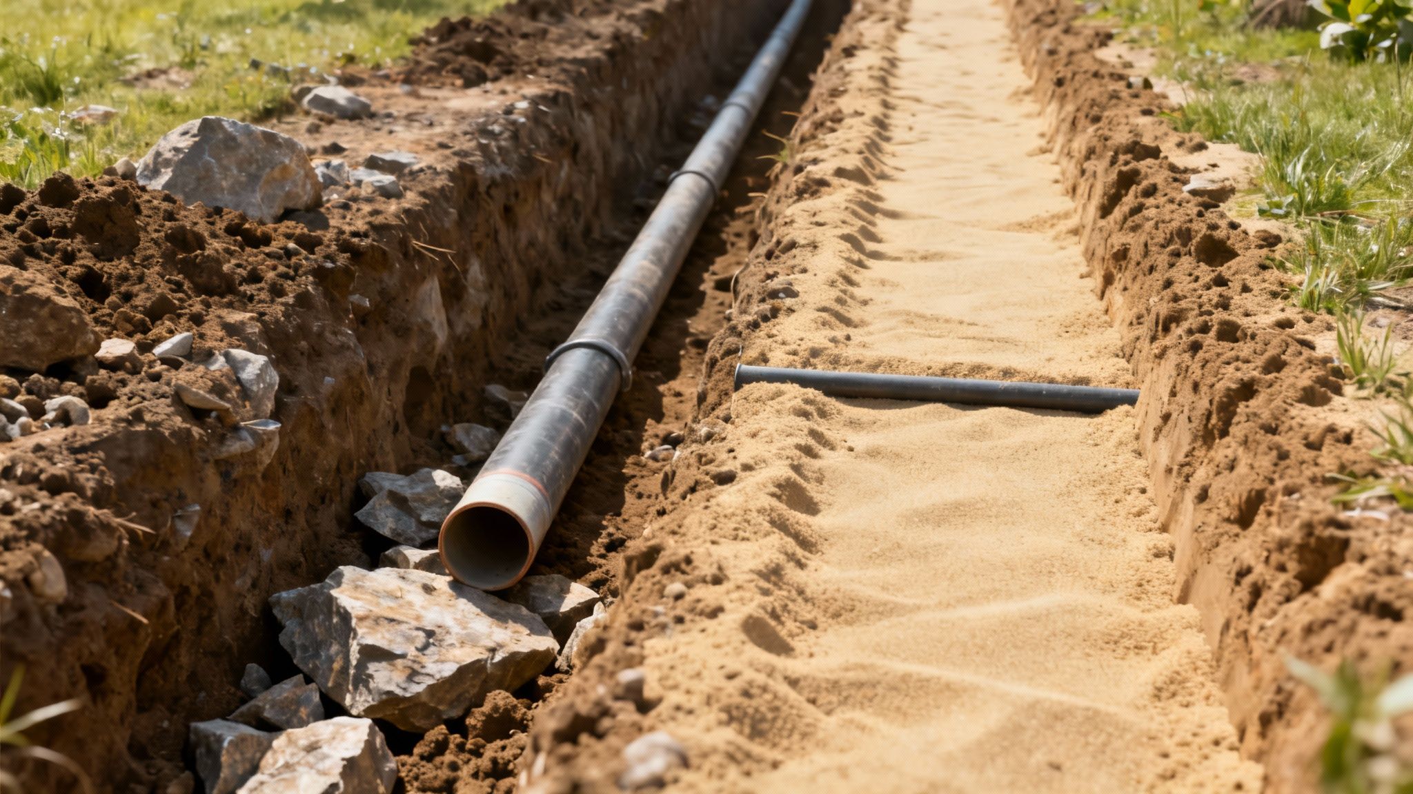 Built to Last: 5 Mistakes to Avoid When Replacing a Water Line in 2026 2 A deep trench with a black water pipe laid on a bed of sand, ready for backfilling.