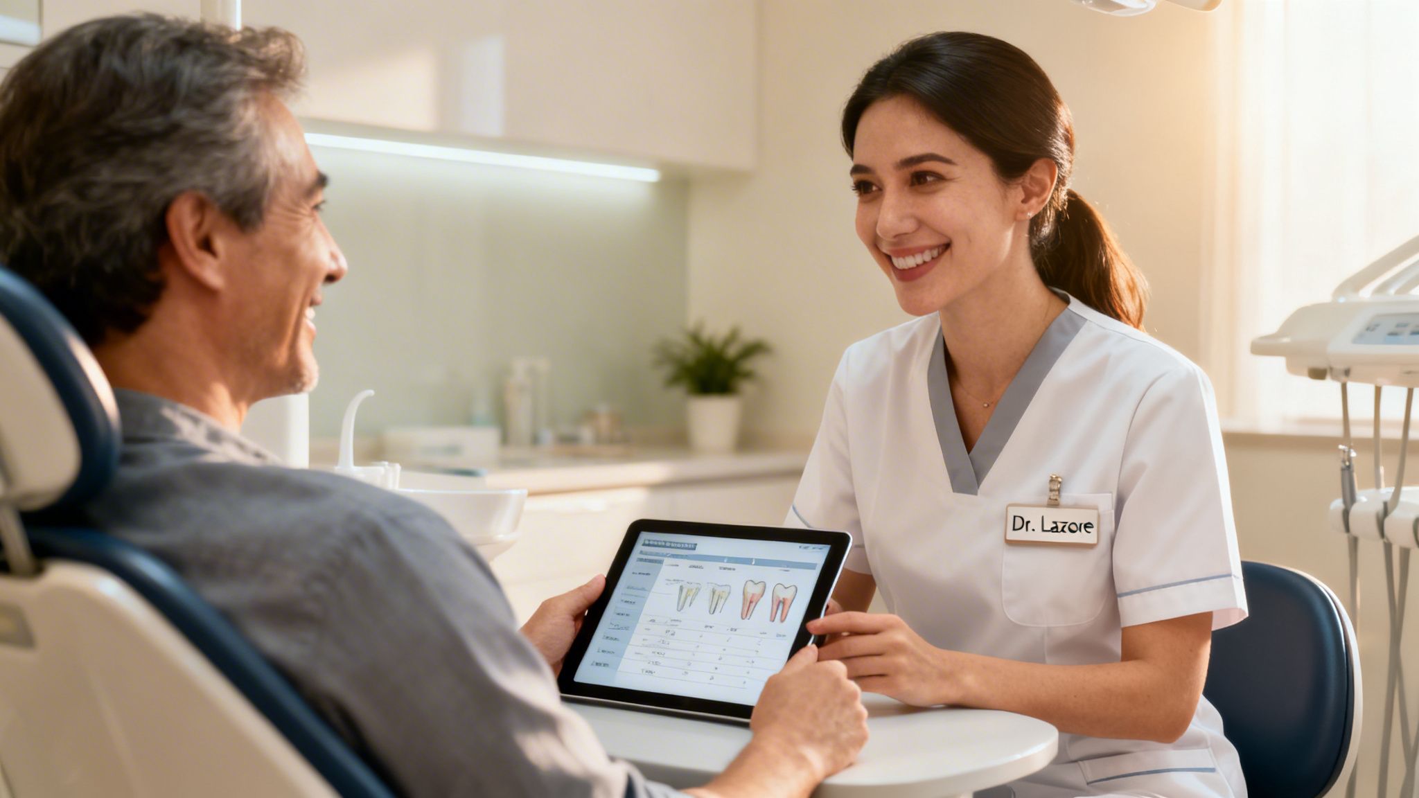 A smiling female dentist shows a male patient his dental chart on a tablet in a modern clinic.