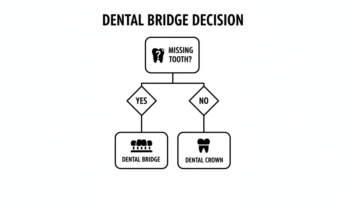 Flowchart illustrating the decision process for dental bridges or crowns based on whether a tooth is missing.