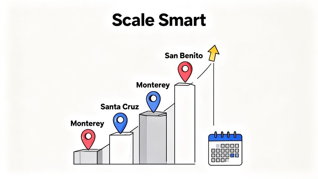 A bar chart illustrating business growth and scaling across locations: Monterey, Santa Cruz, and San Benito, with an upward trend and a calendar icon.