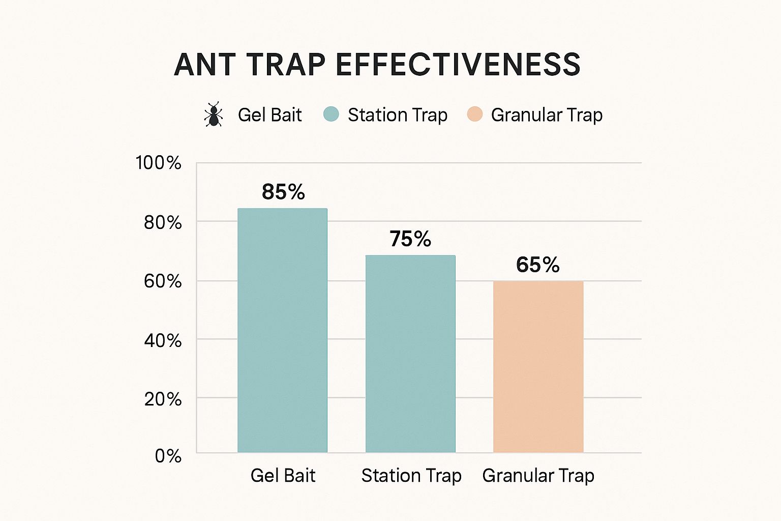 An infographic comparing the effectiveness of different ant trap types, with gel bait at 85%, station traps at 75%, and granular traps at 65%.