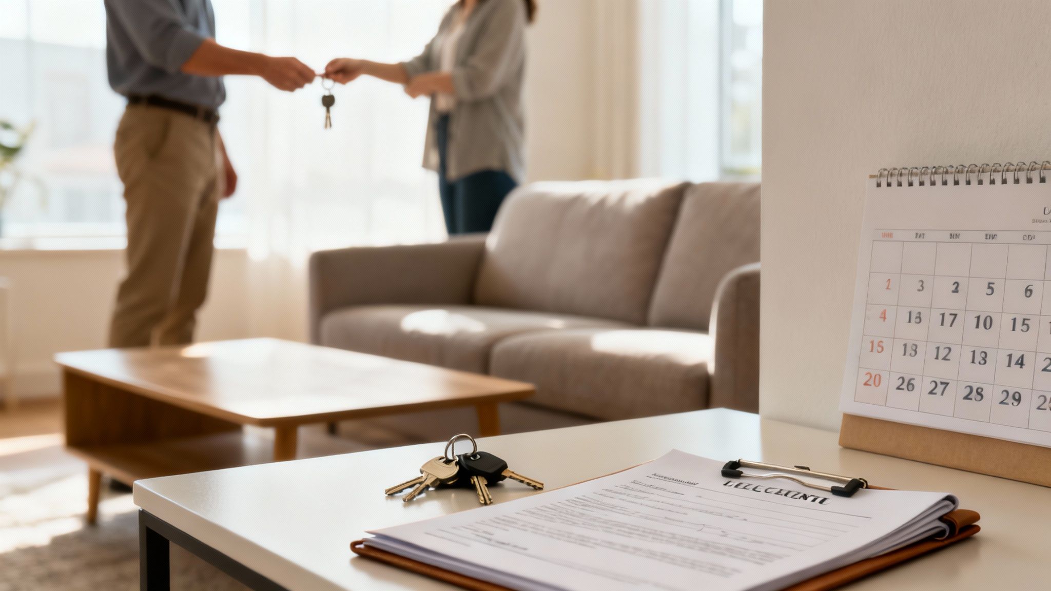 A man hands keys to a woman in a living room, symbolizing a property transaction. Keys, documents, and a calendar are on the table.