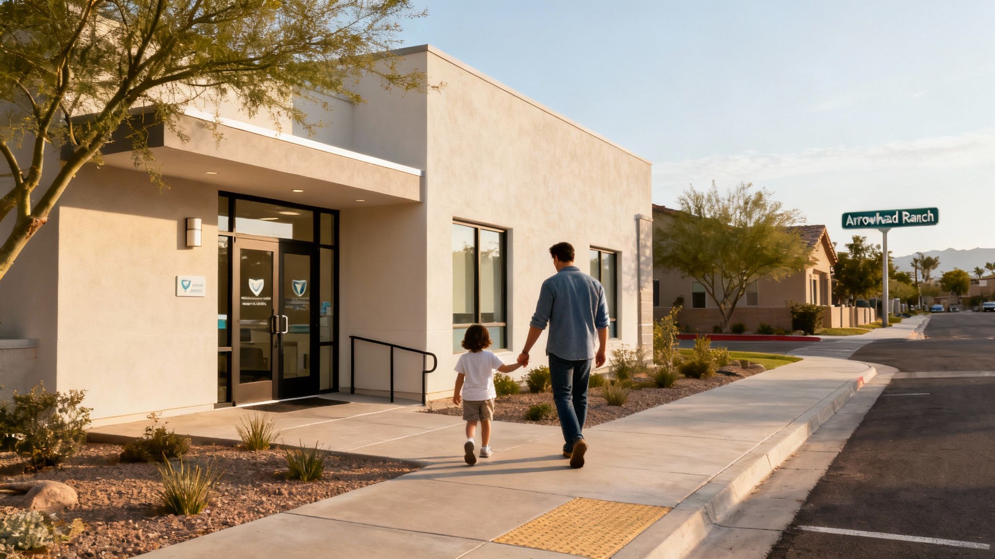Adult and child walking towards modern dental clinic entrance in Arrowhead Ranch Glendale Arizona