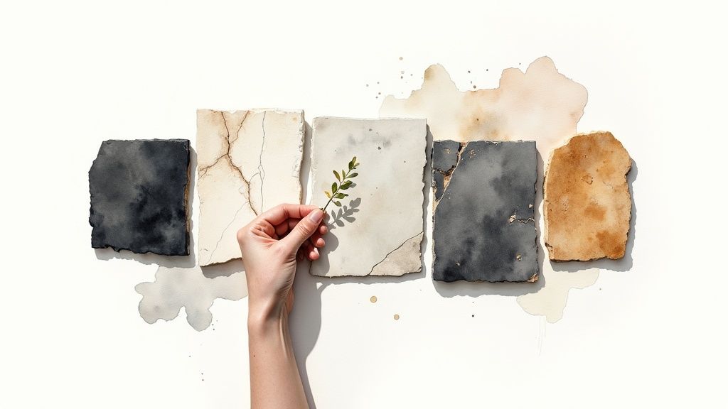 A hand holds a green sprig over textured, watercolor-splashed swatches in natural tones.