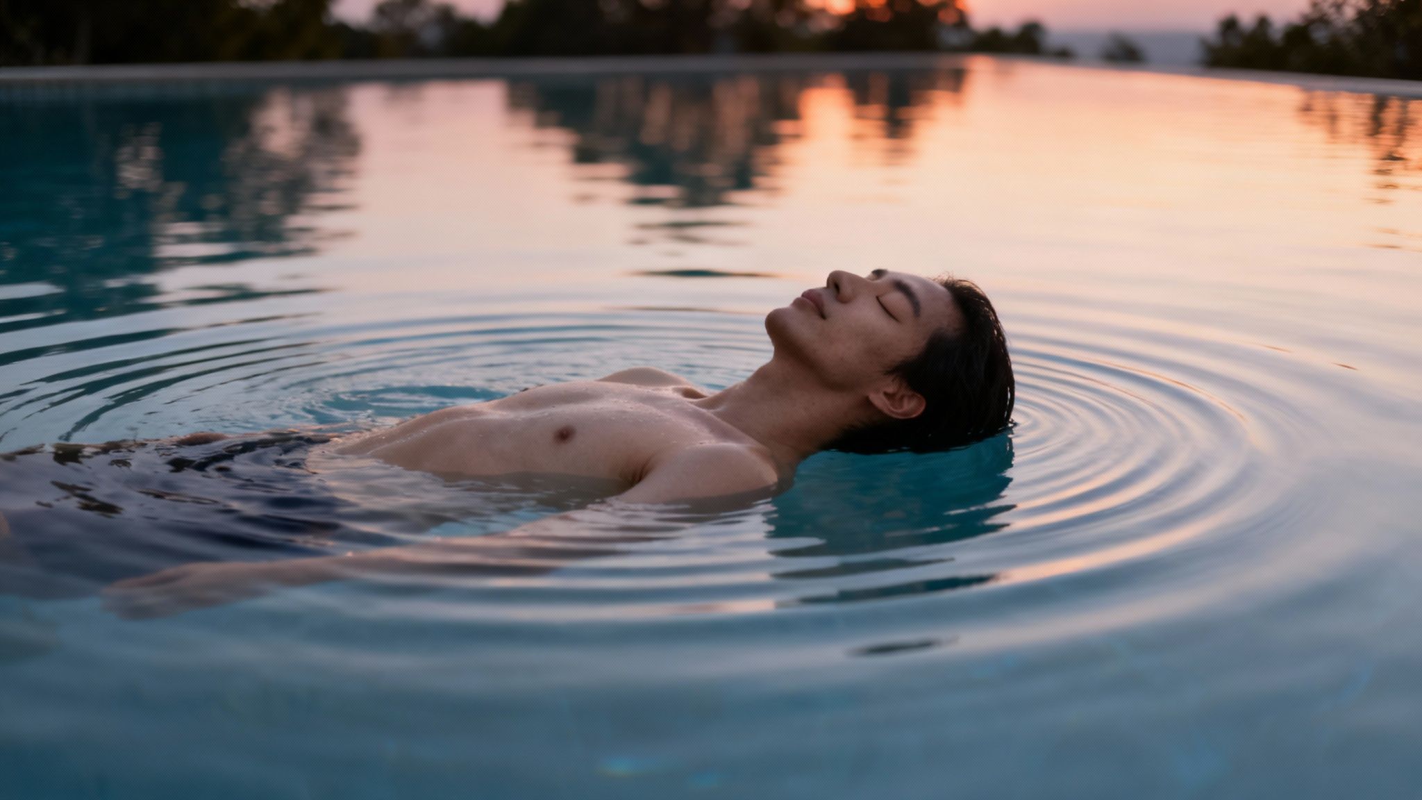 A man relaxing and floating on his back in a calm swimming pool at sunset, eyes closed.