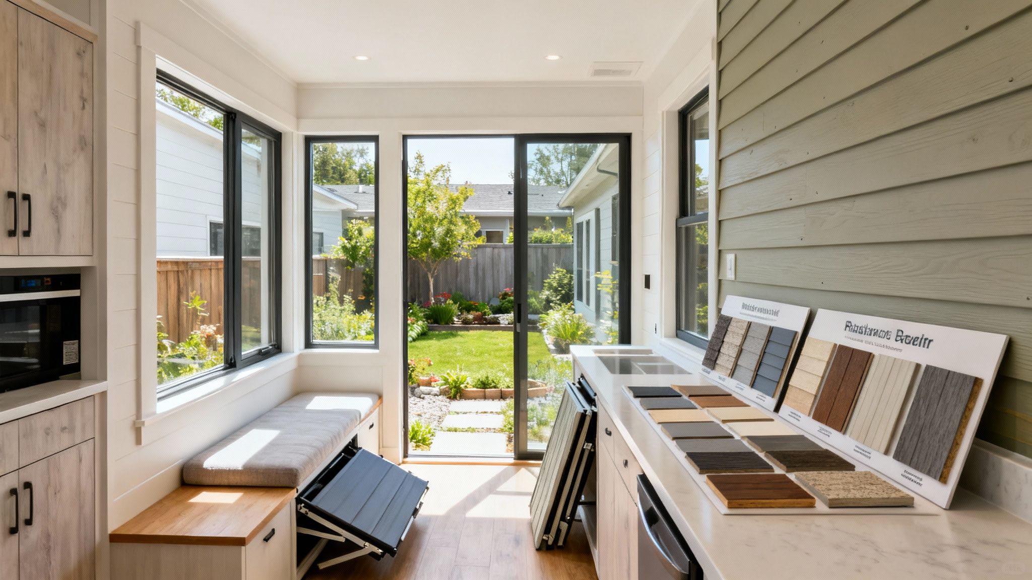 A modern, well-designed ADU interior showcasing large windows and an efficient use of space.