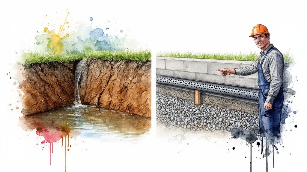 Watercolor illustration contrasting an eroded earth section with a retaining wall and drainage system.