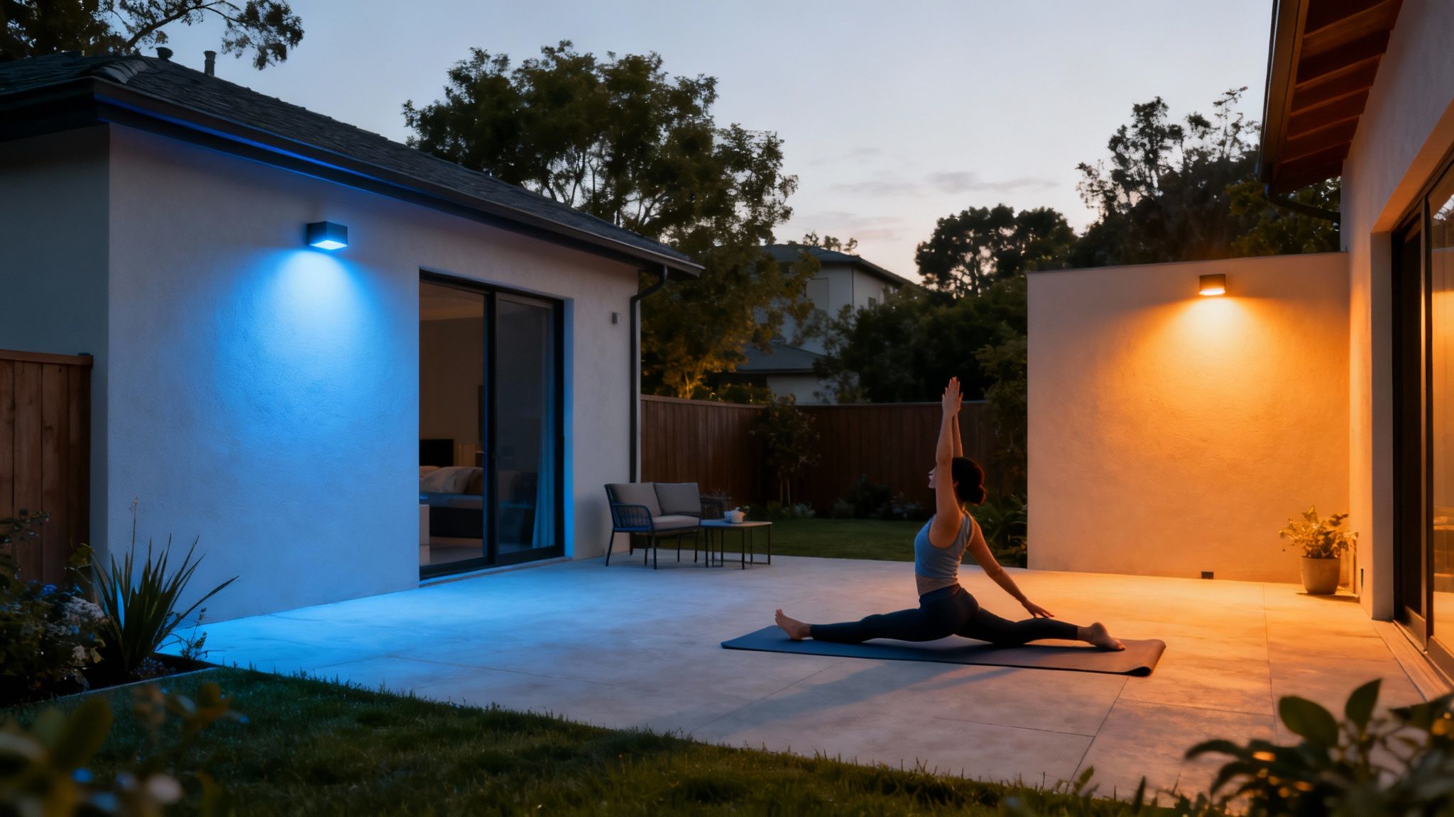 Woman doing yoga on outdoor patio with smart colored lighting at dusk