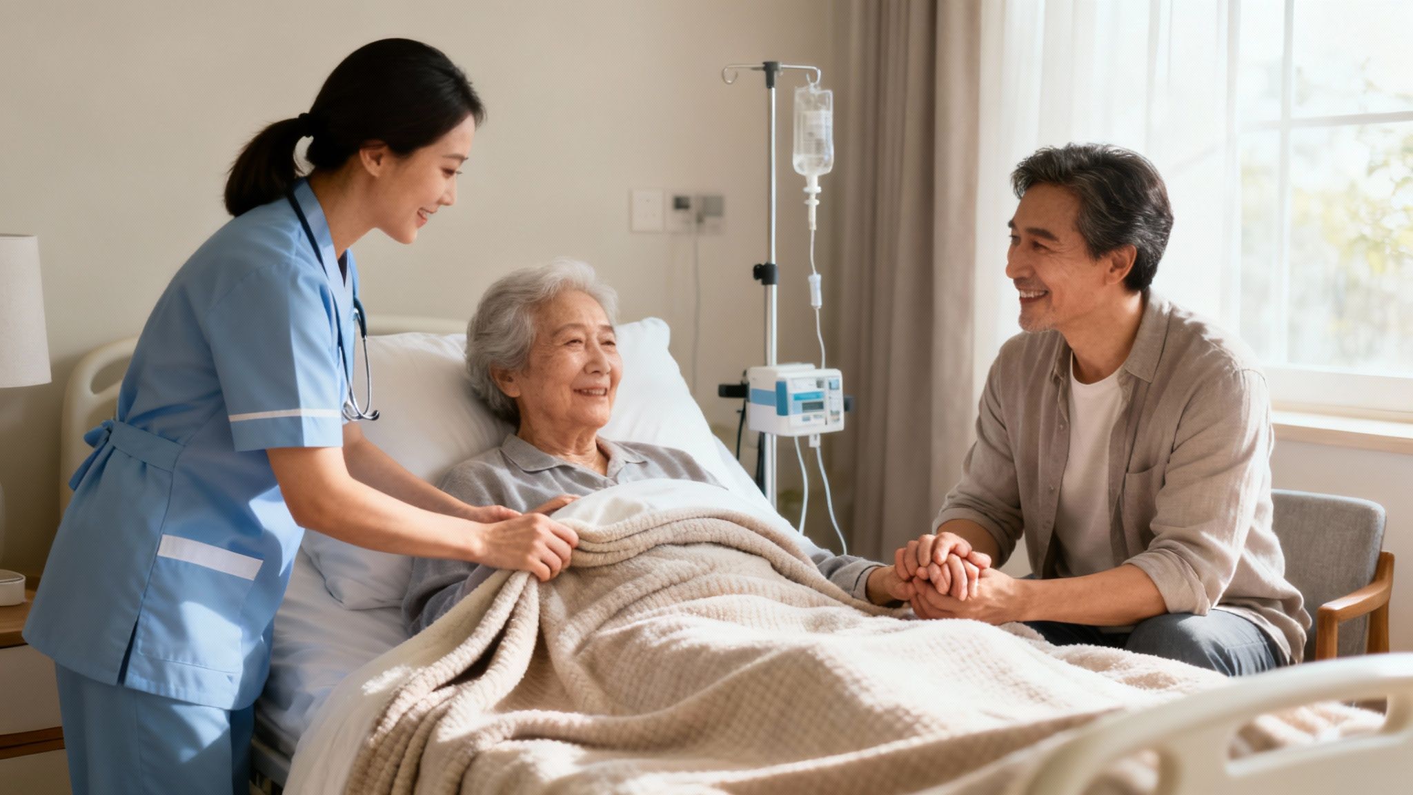 A family member holds the hand of an elderly loved one in a comfortable home setting, showing support.
