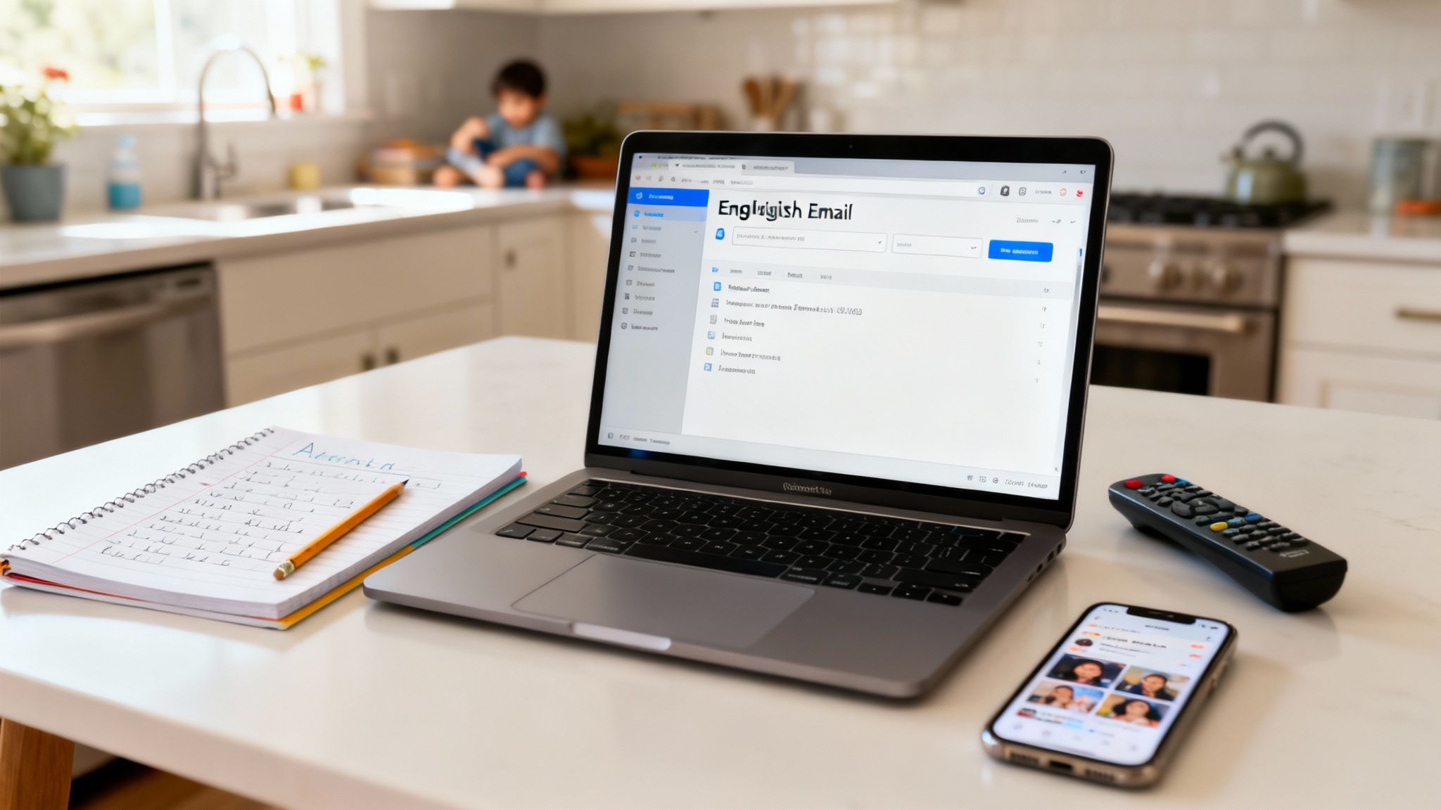 A laptop with an email open, a notebook, smartphone, and remote on a kitchen counter, with a child blurred in the background.