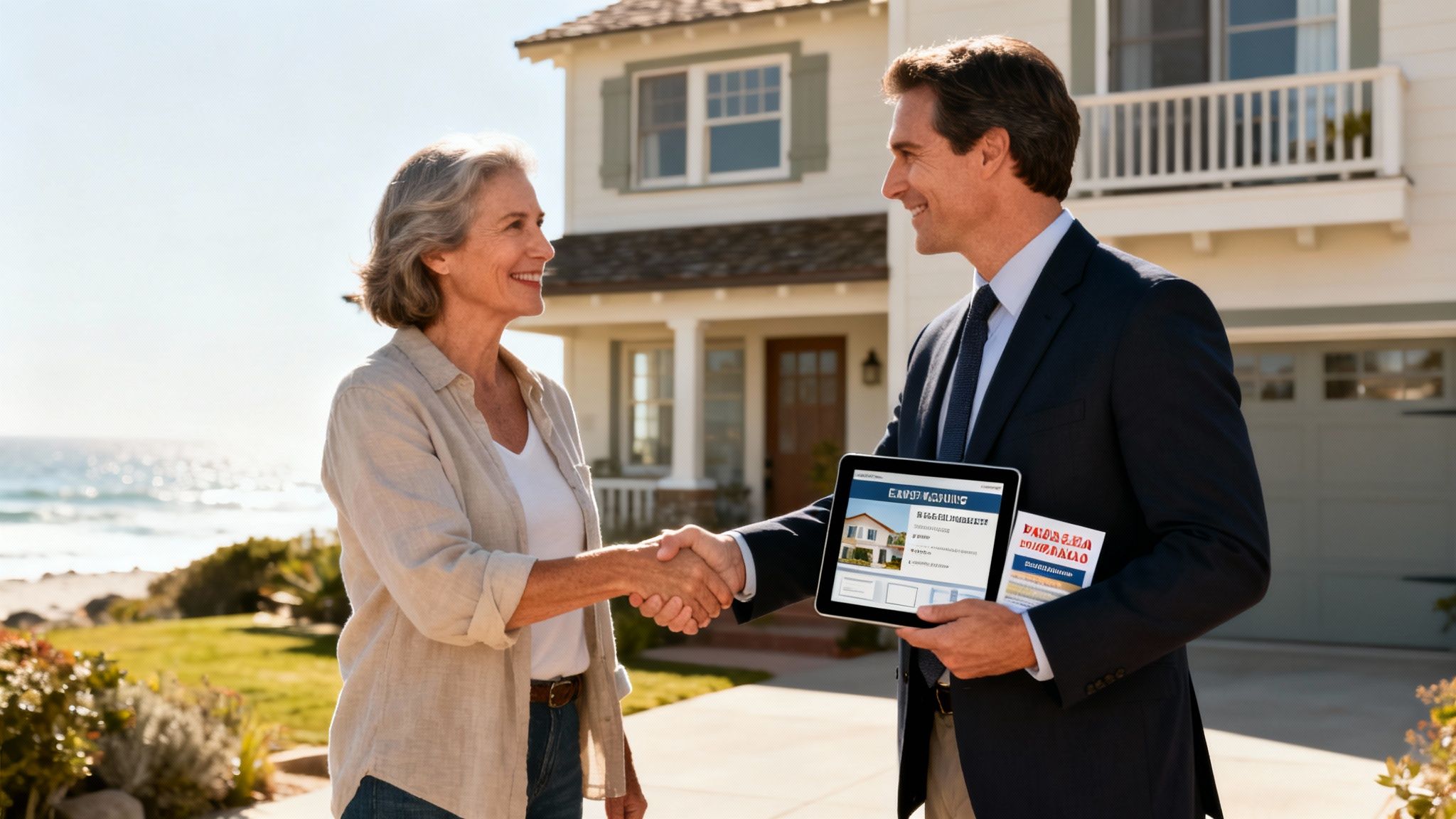 Smiling woman shakes hands with a professional man holding a tablet, in front of a house by the ocean.