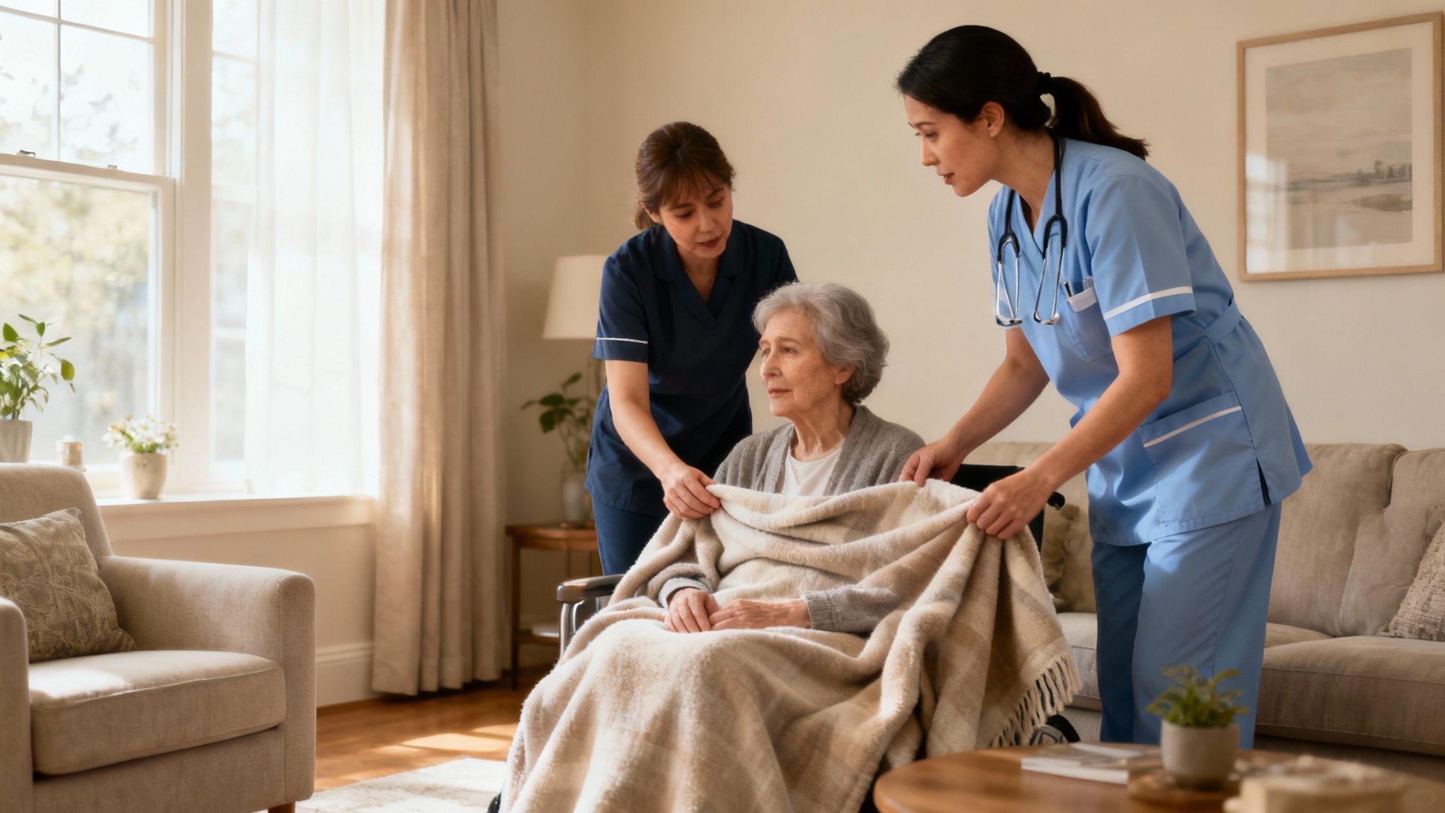 A hospice nurse carefully adjusts medical equipment in a patient's home, showing active and involved care.