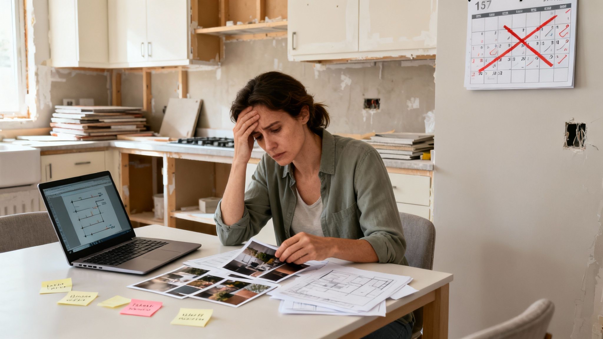 A stressed woman looks at renovation plans and photos in her unfinished kitchen.