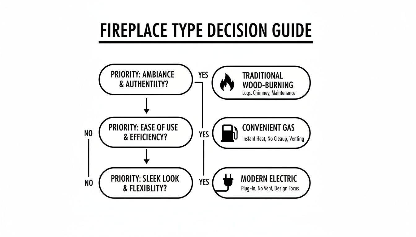 Decision guide flowchart to choose between wood-burning, gas, and electric fireplace types.