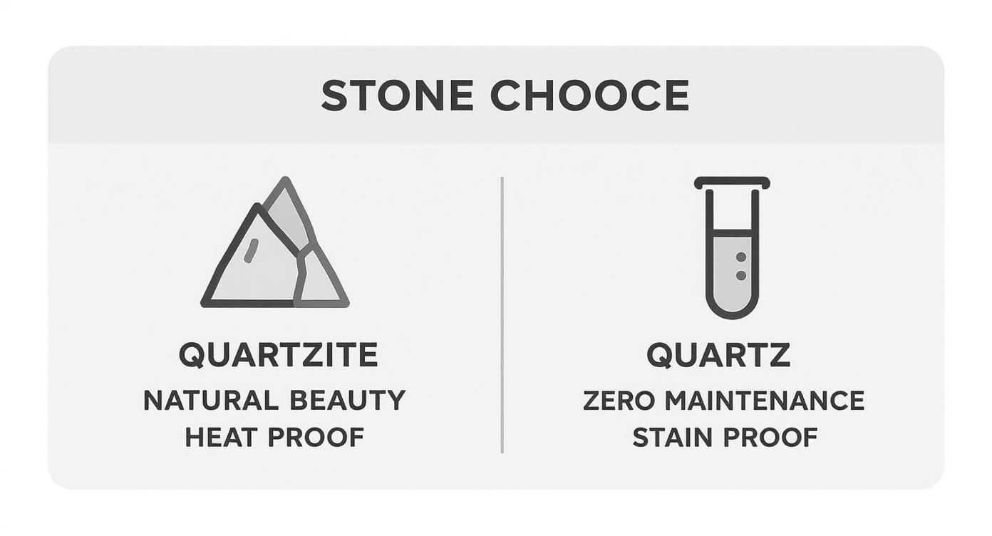 Image comparing Quartzite (natural beauty, heat proof) with Quartz (zero maintenance, stain proof) as stone choices.