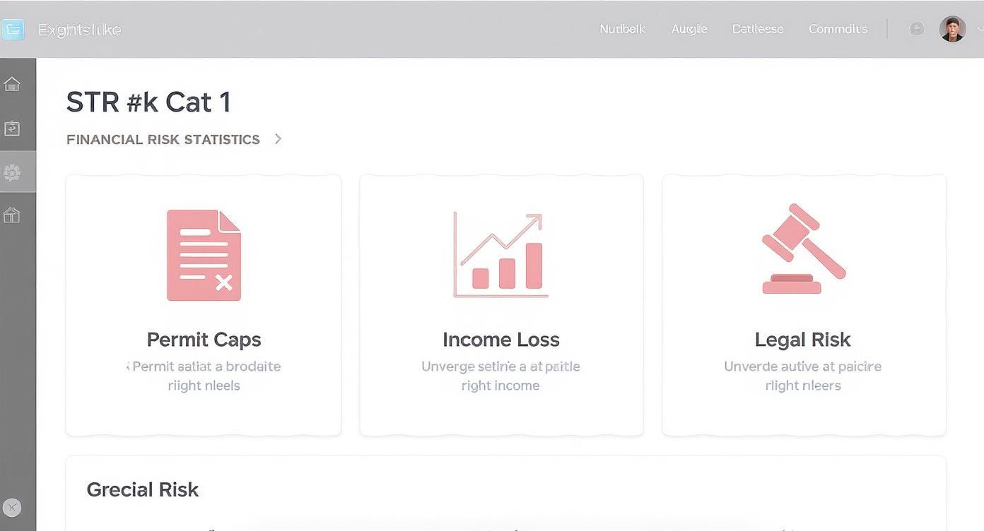 Infographic displaying the financial risks of short-term rentals, including permit caps, income loss, and legal liability.