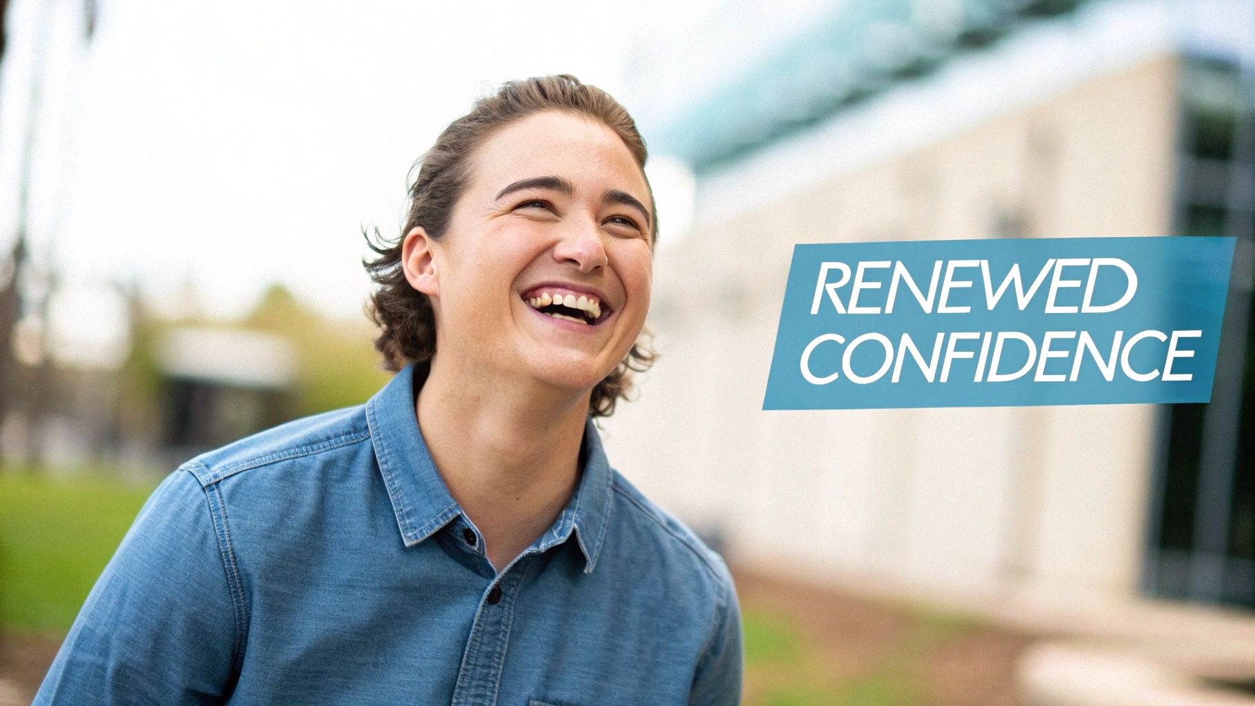 A young person in a denim shirt laughs happily outdoors, with "RENEWED CONFIDENCE" text.