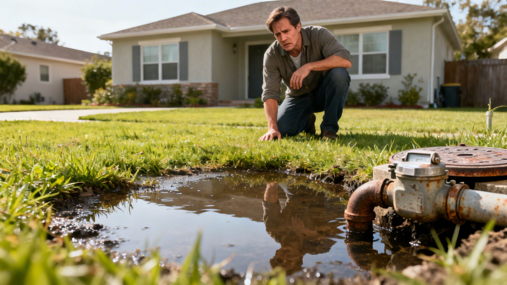Concerned man inspects a large water puddle near a rusty water meter in his front yard.