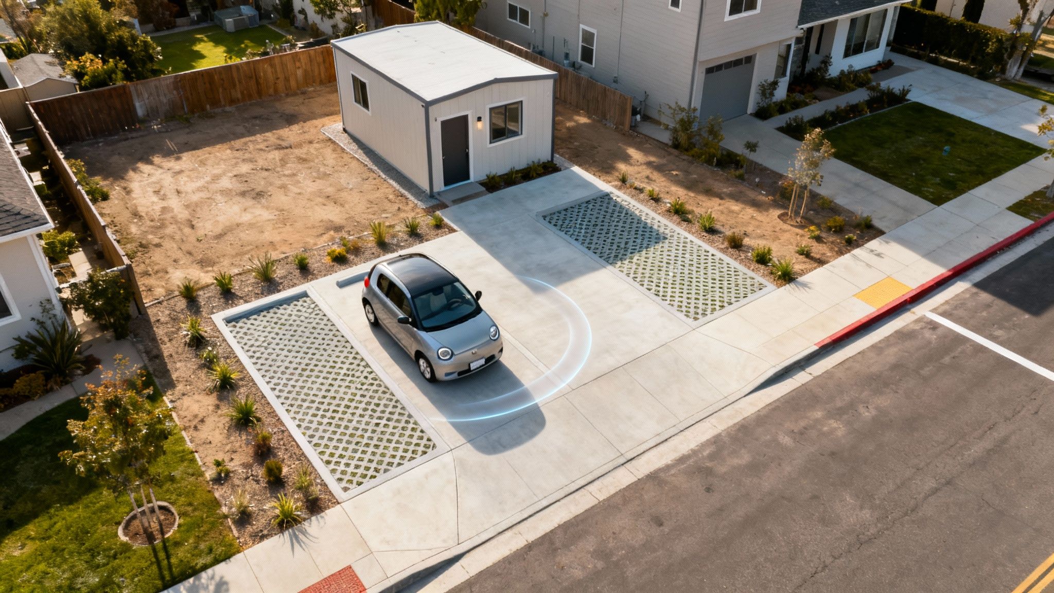 Aerial view shows a small silver electric car in a modern driveway next to a standalone ADU.