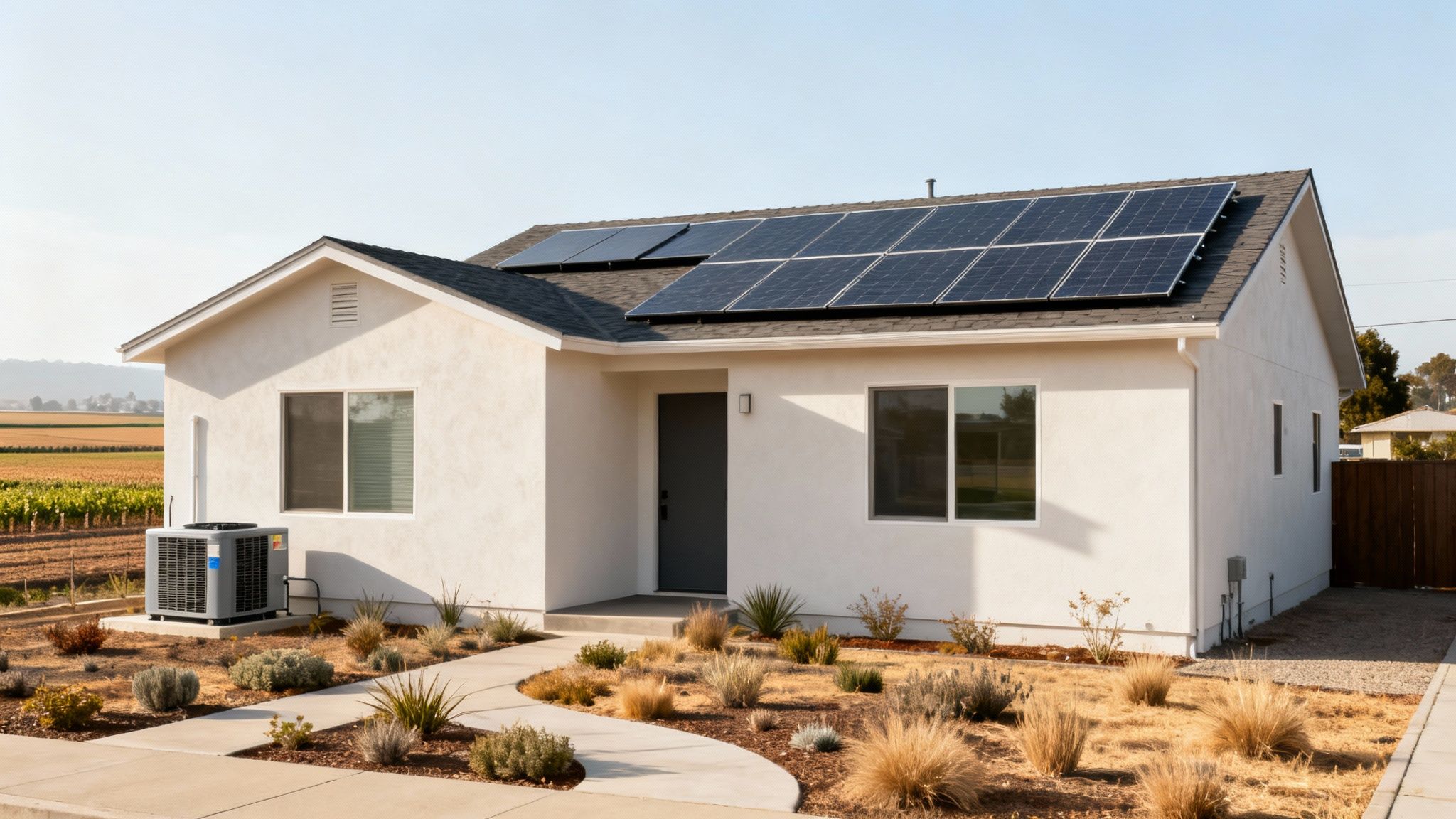 A modern white house with solar panels, a xeriscaped yard, and an AC unit.