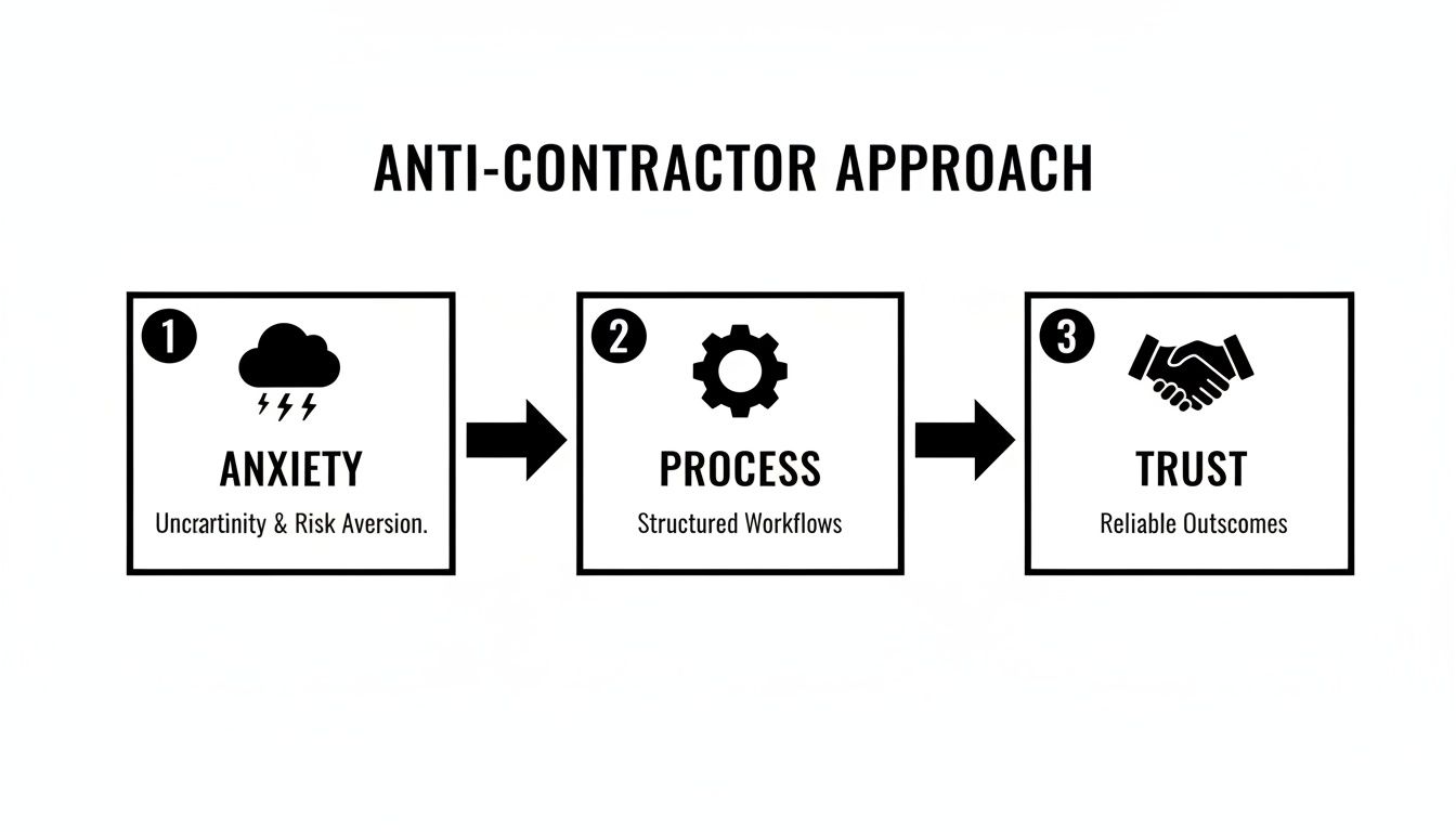 A diagram showing the 'Anti-Contractor Approach' transforming Anxiety (uncertainty) into Trust (reliable outcomes) via Process (structured workflows).