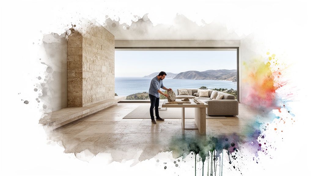 Modern living room with natural stone, ocean view, and a man arranging a sculpture.