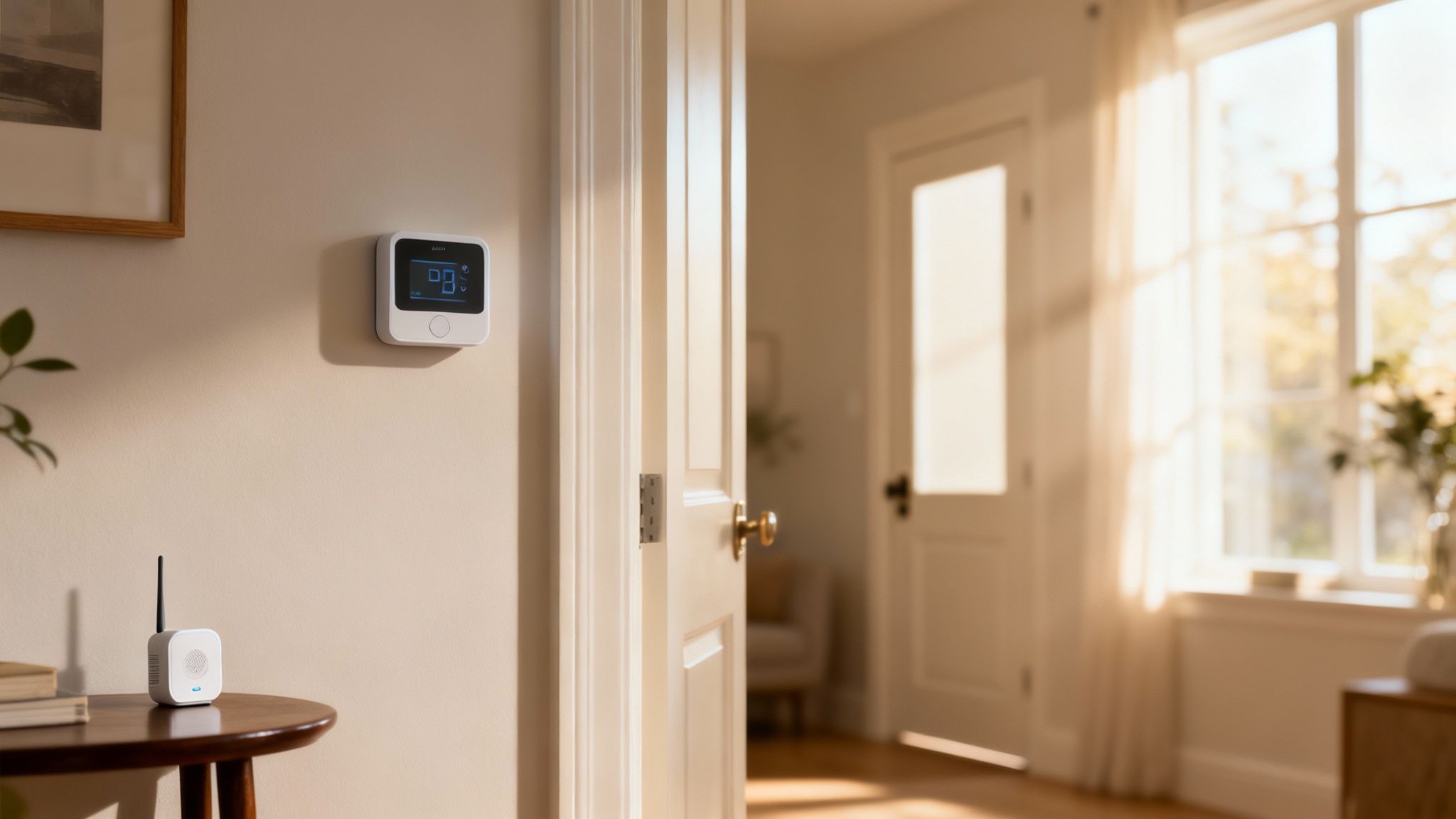 5 Smart Remodeling Trends for Bay Area Homes in 2026 2 A smart thermostat on a wall and a smart home hub on a table in a bright, modern home.