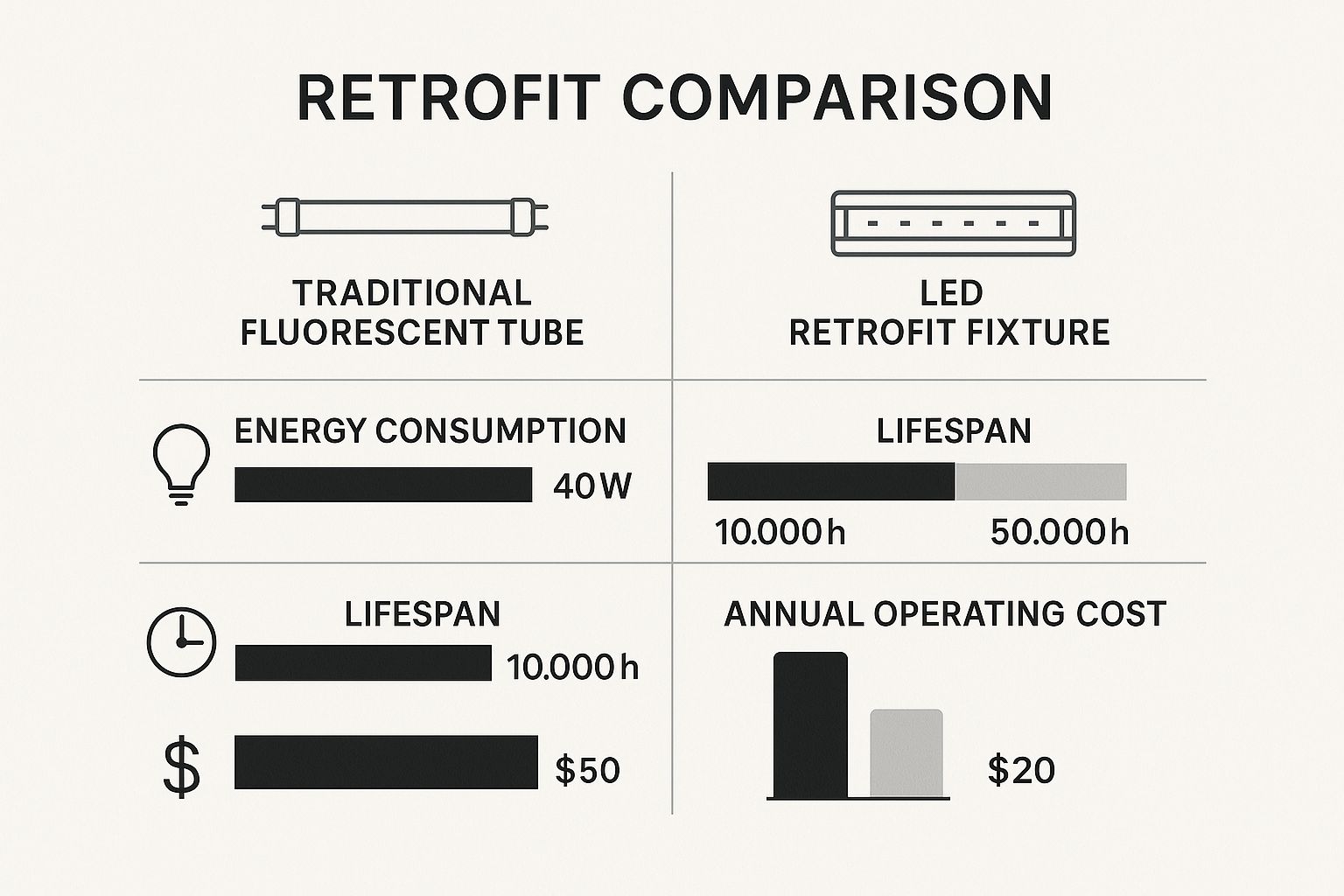 Infographic comparing energy consumption, lifespan, and operating costs of traditional fluorescent tubes versus LED retrofit fixtures.