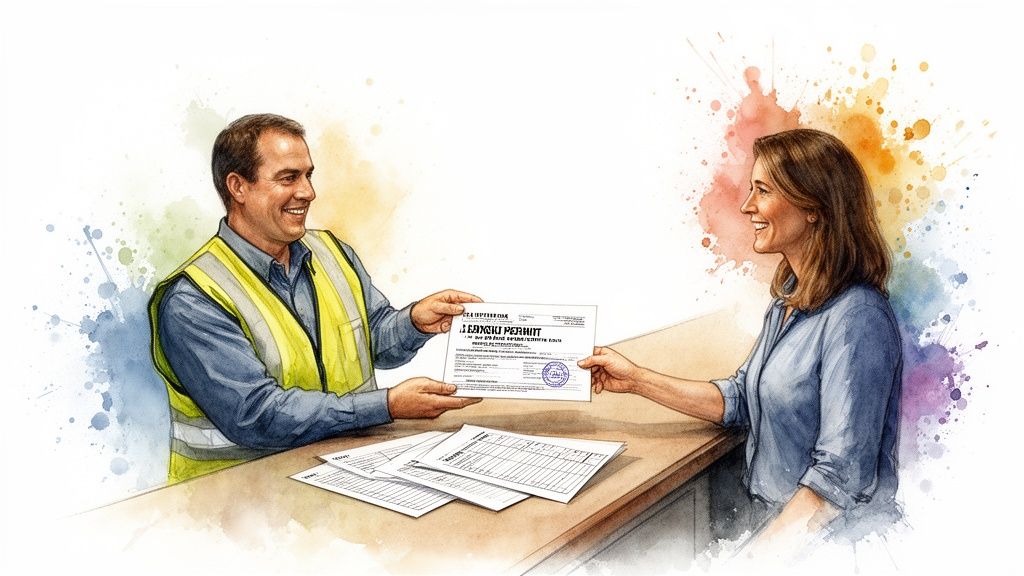 Watercolor illustration of a man in a safety vest handing a smiling woman a permit.