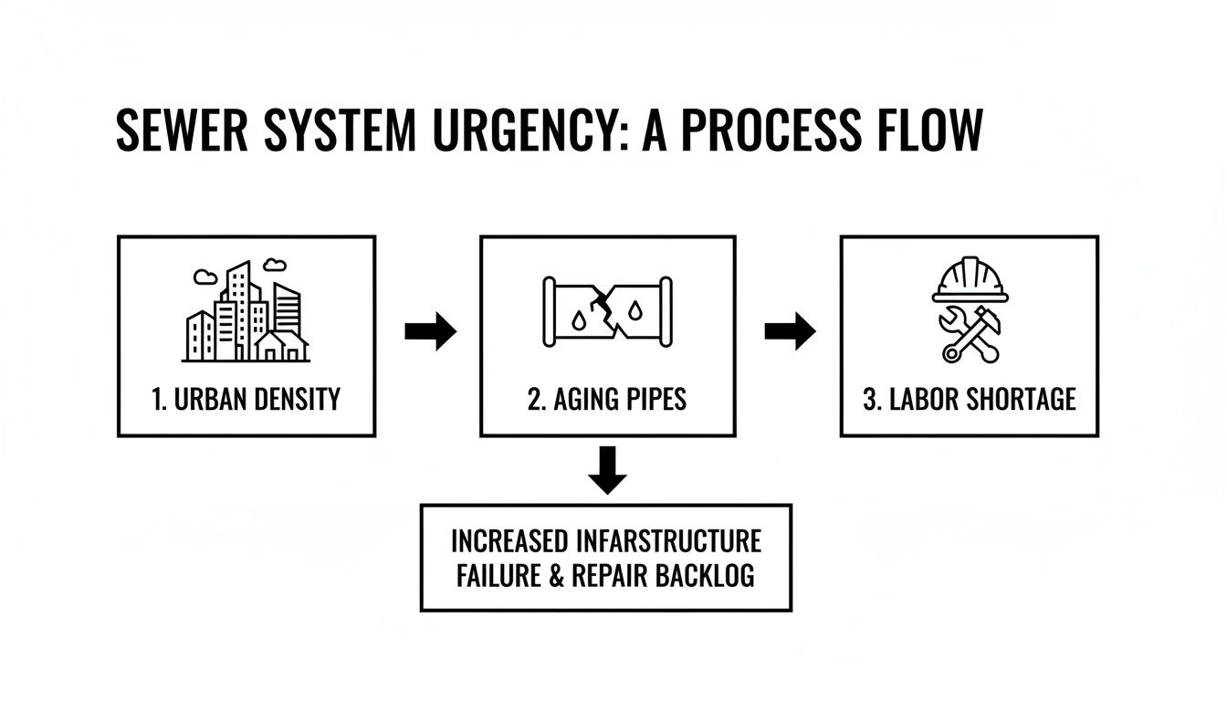 Diagram illustrating factors contributing to sewer system urgency: urban density, aging pipes, and labor shortage.