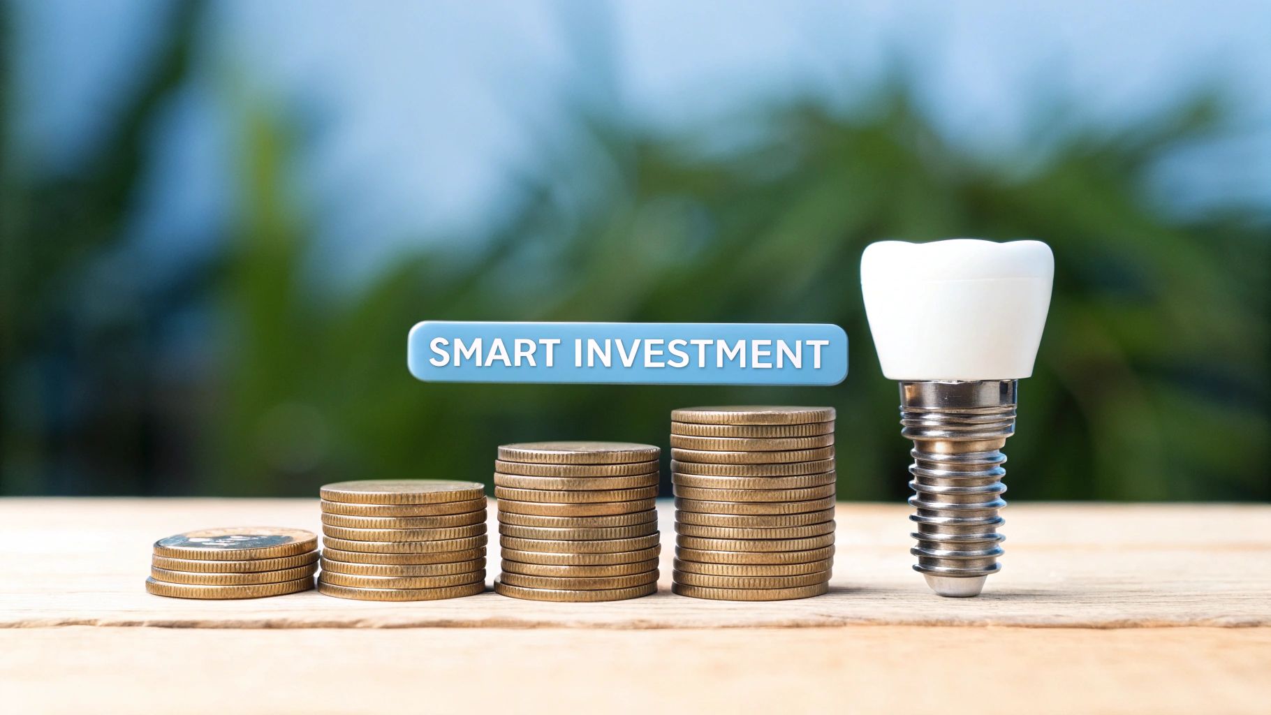 A dental implant stands next to increasing stacks of coins with a "SMART INVESTMENT" banner.