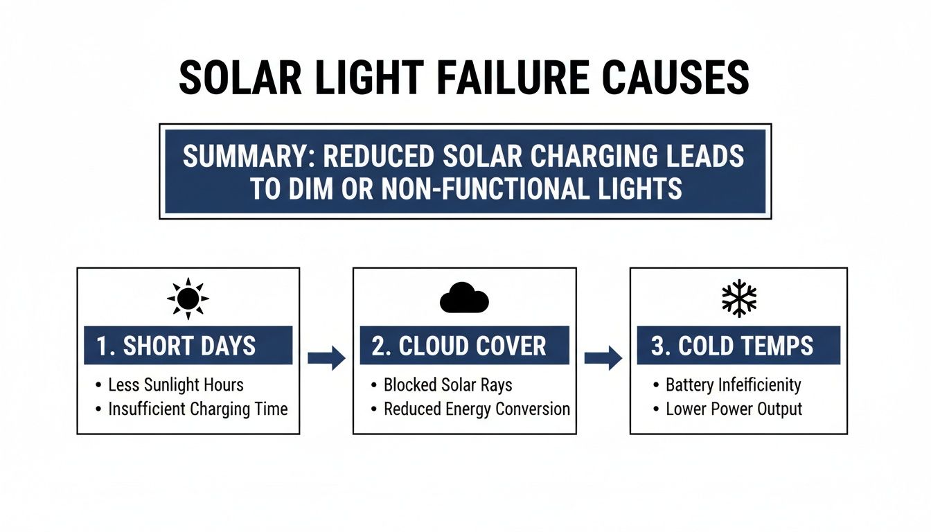 A diagram illustrating the main causes of solar light failure: short days, cloud cover, and cold temperatures.
