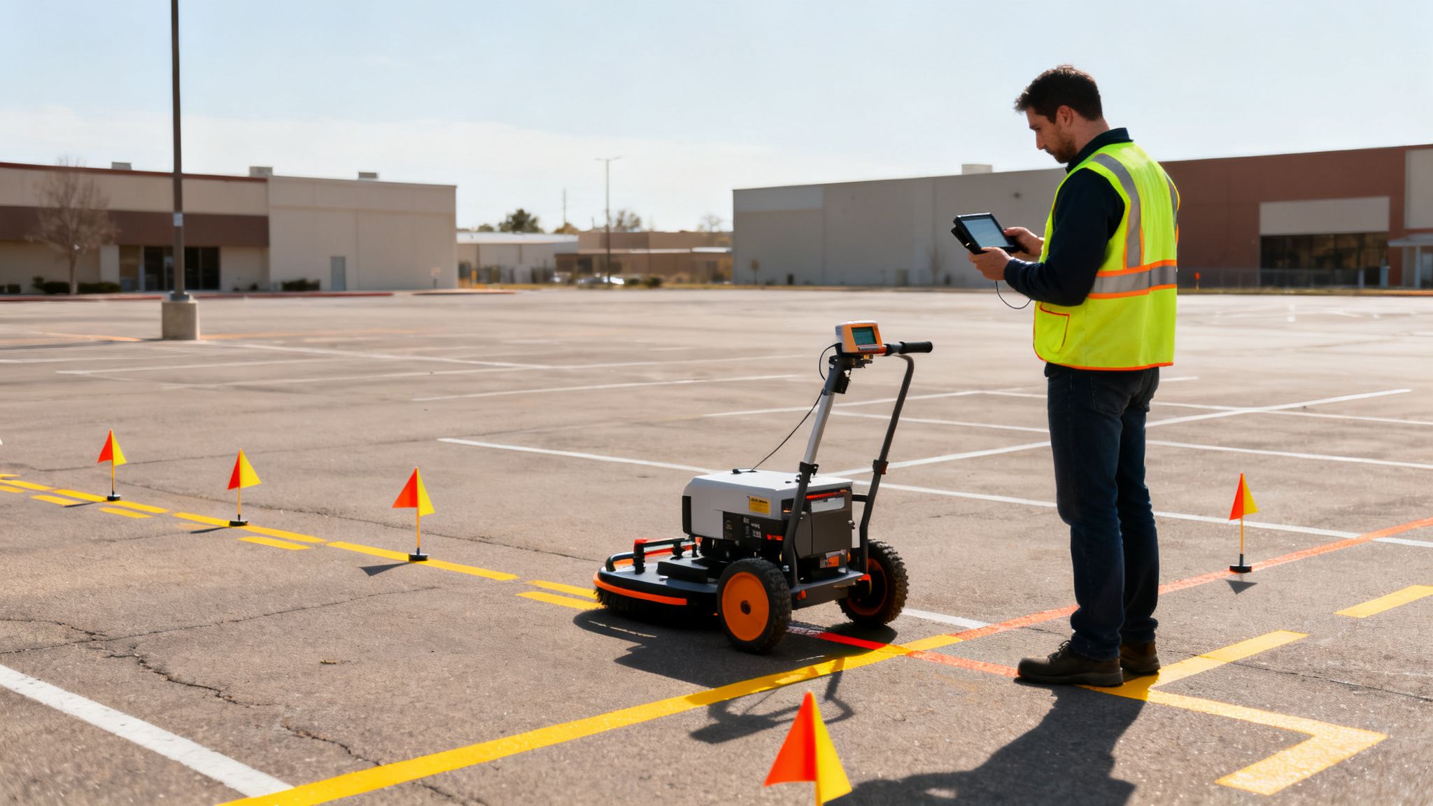 Man in safety vest surveying a commercial parking lot with a GPR device and tablet.