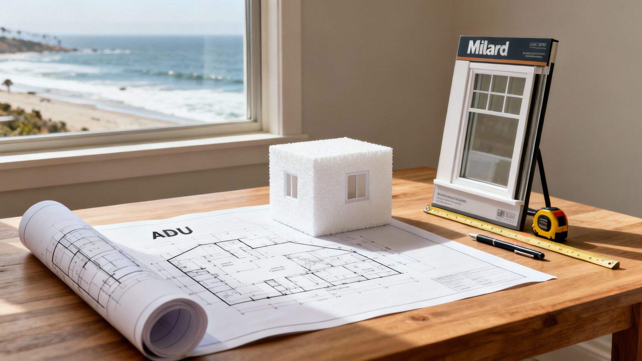 Architectural ADU plans, a model house, and window sample on a desk with an ocean view.