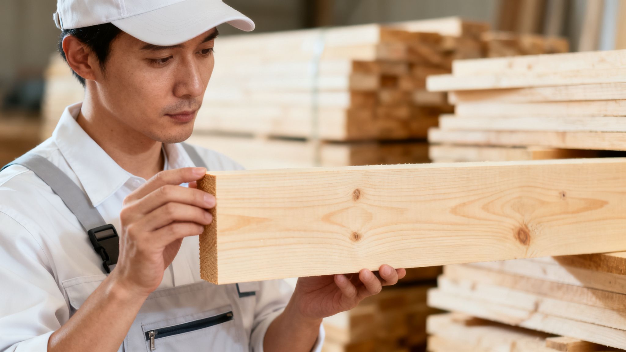 An Asian man in a white cap carefully inspects a piece of lumber in a wood factory.
