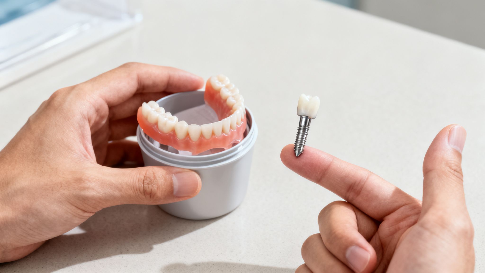 A person's hands display a modern dental implant and a set of full dentures.
