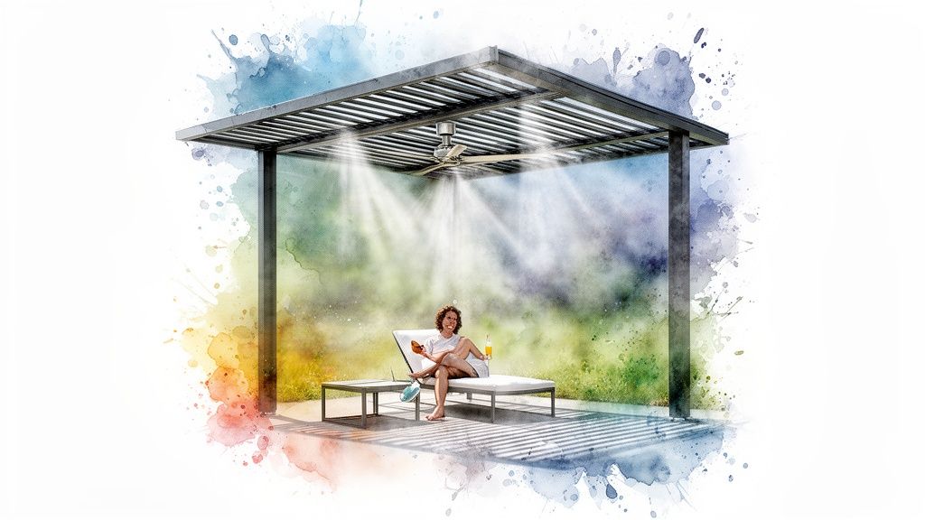 Woman relaxing under a modern pergola with a ceiling fan and misters, enjoying a drink.