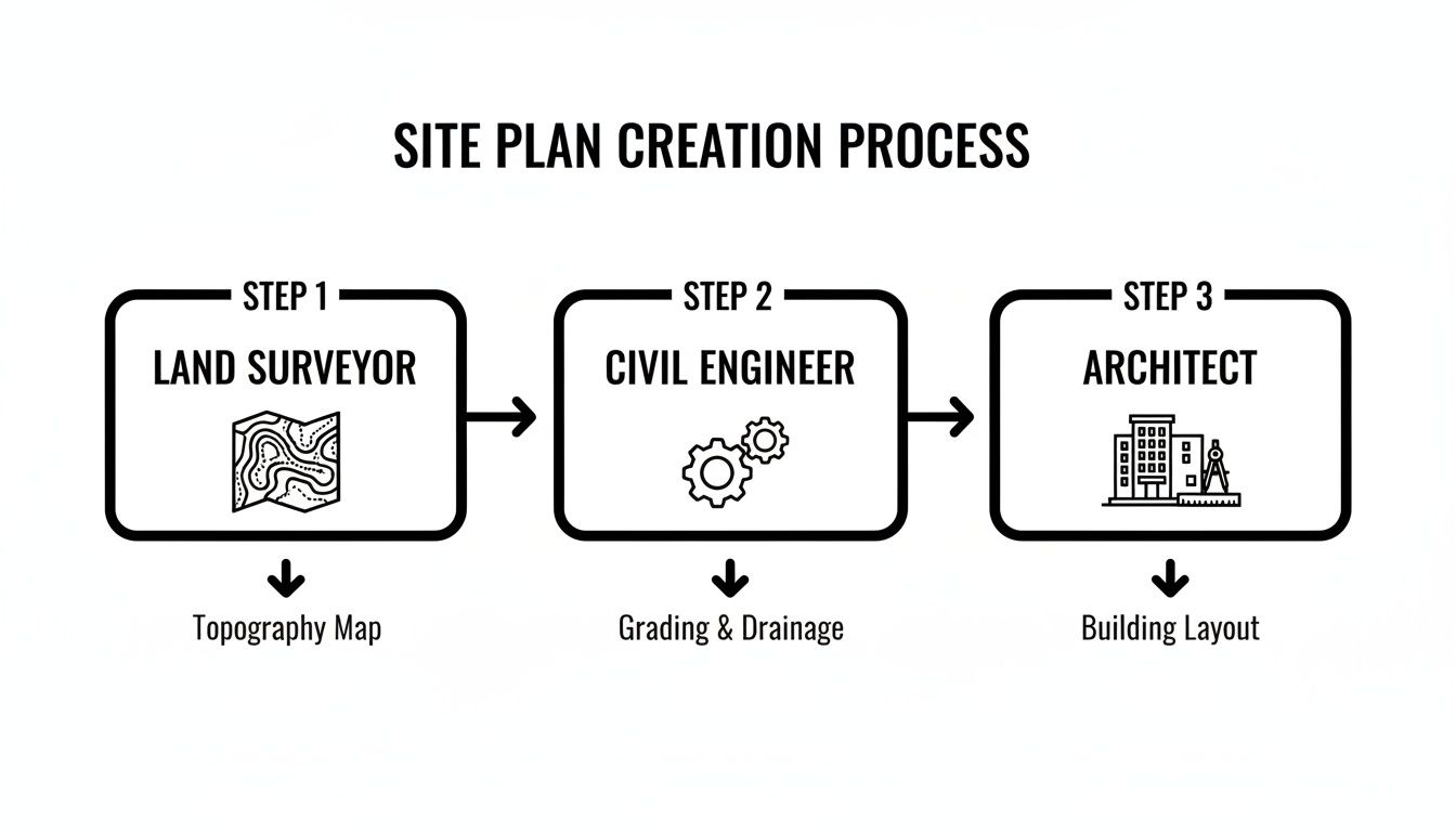 Infographic illustrating the three-step site plan creation process involving land surveyor, civil engineer, and architect roles.