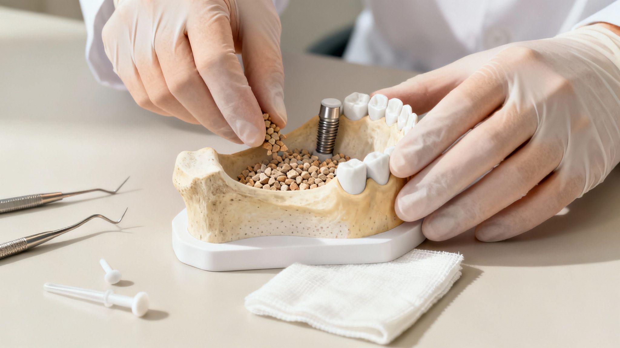 A dentist's gloved hands demonstrate a dental implant procedure using a jaw model and bone graft material.
