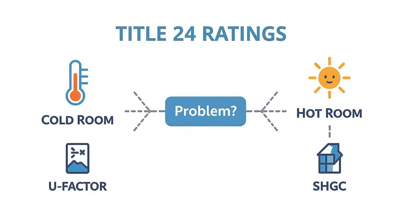 An infographic decision tree showing that a cold room requires a focus on U-factor, while a hot room requires a focus on SHGC.