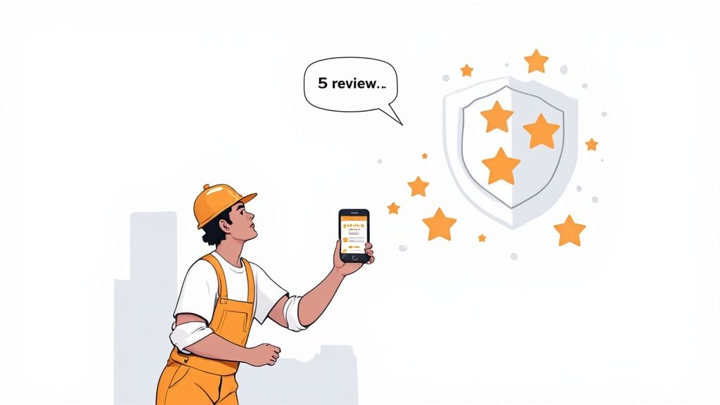 Contractor in orange uniform holding smartphone displaying five-star customer reviews and rating shield