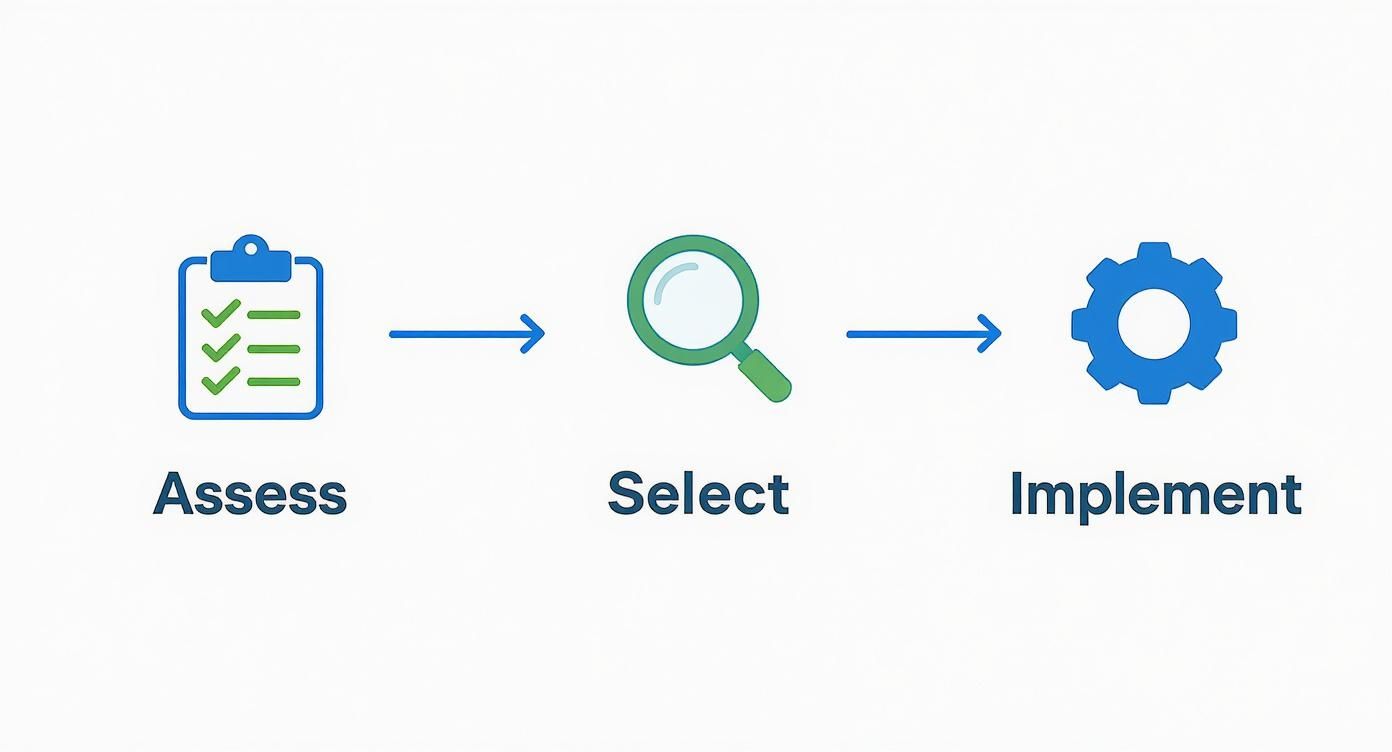 Infographic showing a three-step process to start with AI: Assess with a checklist icon, Select with a magnifying glass icon, and Implement with a gears icon.