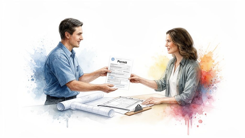 A man and a woman exchanging a construction permit document with blueprints on a table.