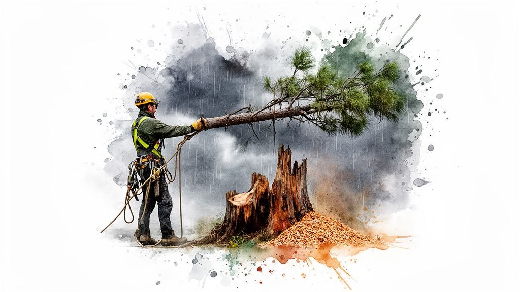 An arborist in safety gear handles a large tree branch next to a stump and wood chips.