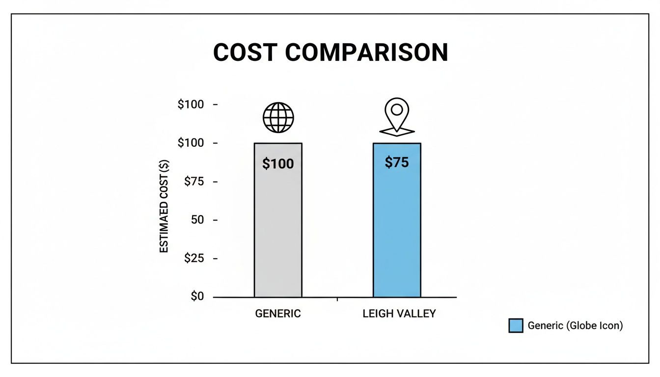 Bar chart comparing estimated costs, showing Generic at $100 and Leigh Valley at $75.